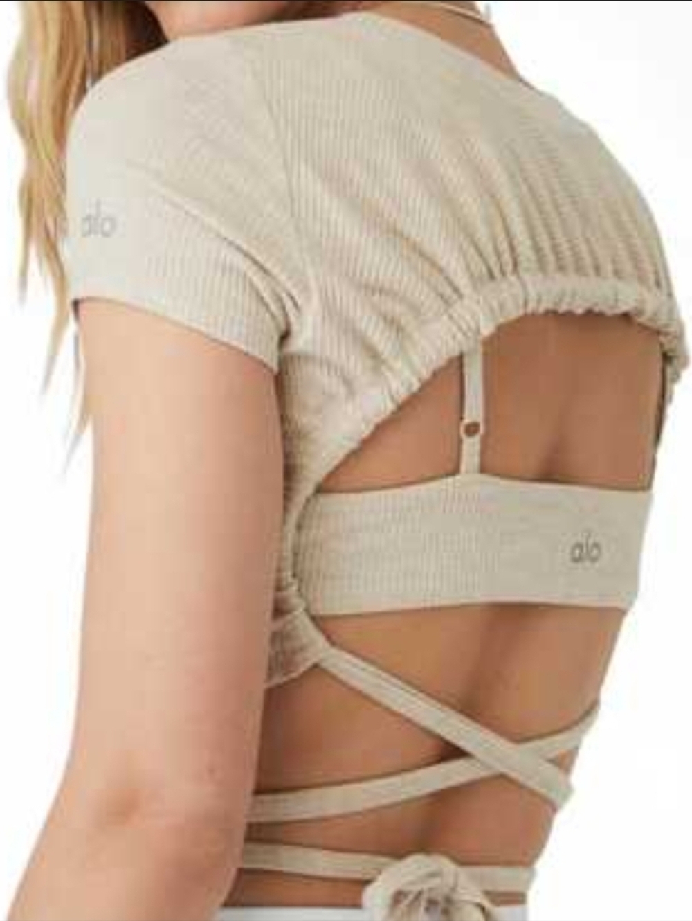 Alo Yoga Ribbed Manifest Long Sleeve Wrap Top Open Back Tie Beige S